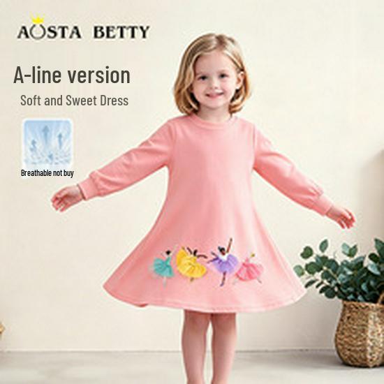 European & American Style Girls' Long-Sleeve Dress with Mouse Appliqué Embroidery - 2026 Autumn Collection