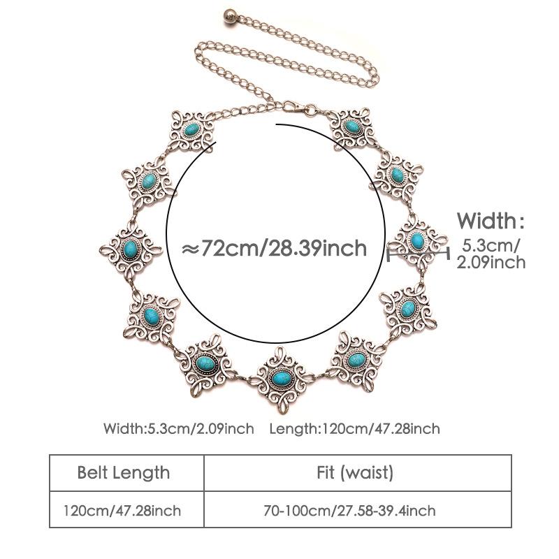 Women's Heavy Industry Exquisite Carving Chinese Knot Palace Style Heavy Metal Waist Chain Retro Fashionable Dress Turquoise Belt