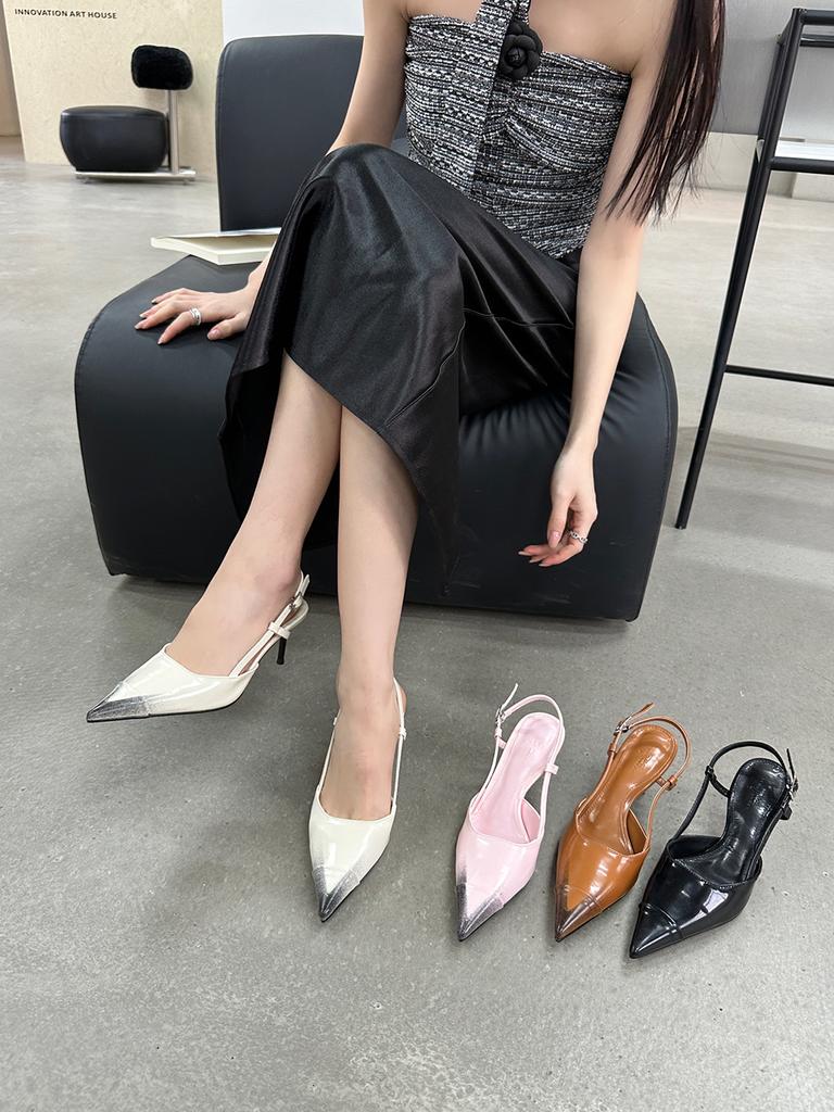 Fashion Pointed Toe Women Sandals Summer Dress Shoes Thin High Heels Back Strap Black Pink White Brown Patent Leather Sexy Pumps 35-39