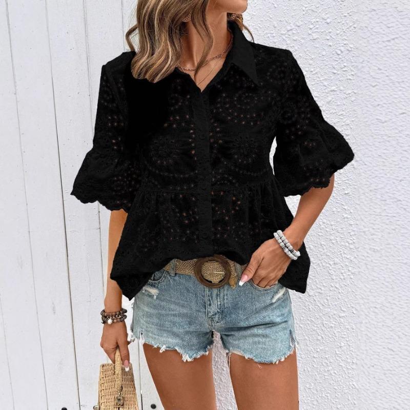 Womens Eyelet Embroidery Peplum Shirt With Point Collar And Ruffle Short Sleeve Casual Blouse