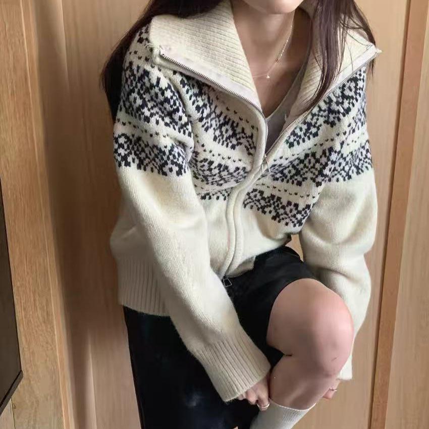 Faroe Islands Jacquard Wool Zipper Coat - Women's Autumn Winter Retro Lapel Short Knit Cardigan Sweater