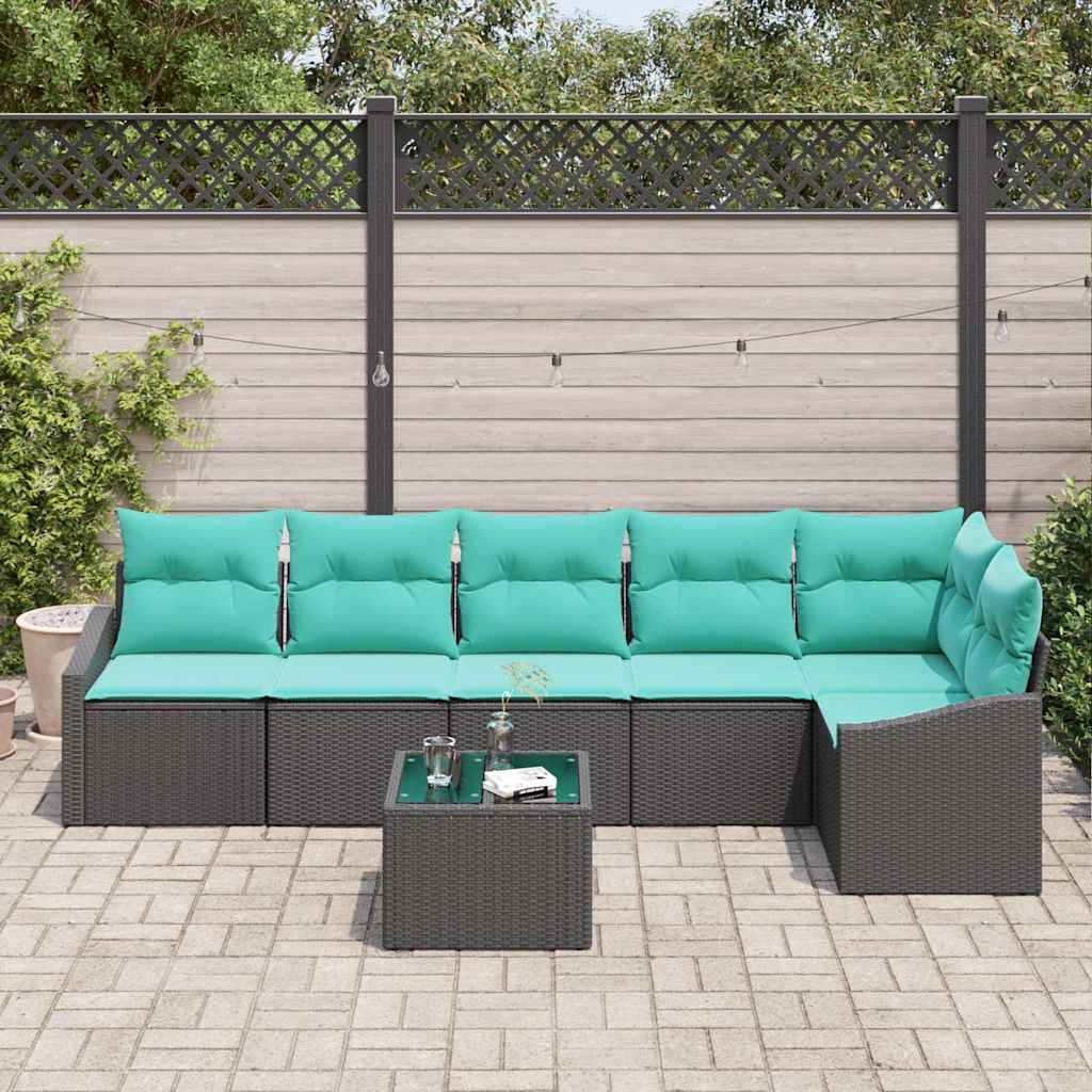 7 Piece Sofa Set with Cushions Black Poly Rattan