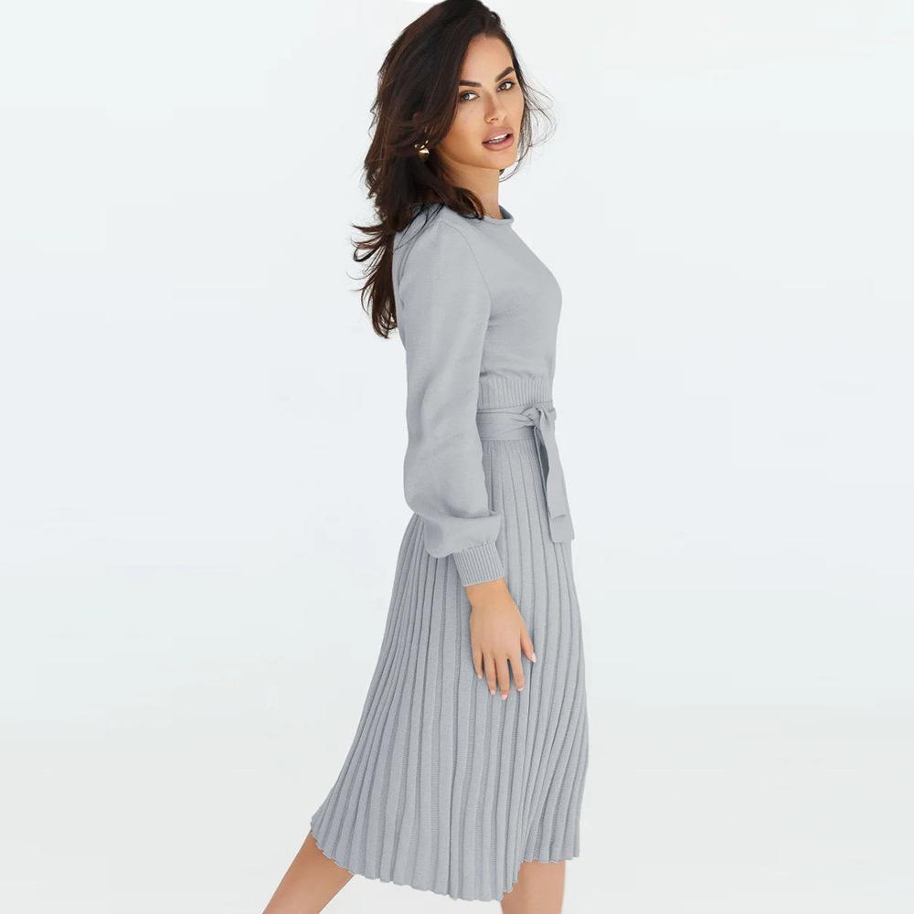 Fall Winter Slim Fit Pleated Bottoming Sweater O Neck Lace Up High Waist Knitted Dress