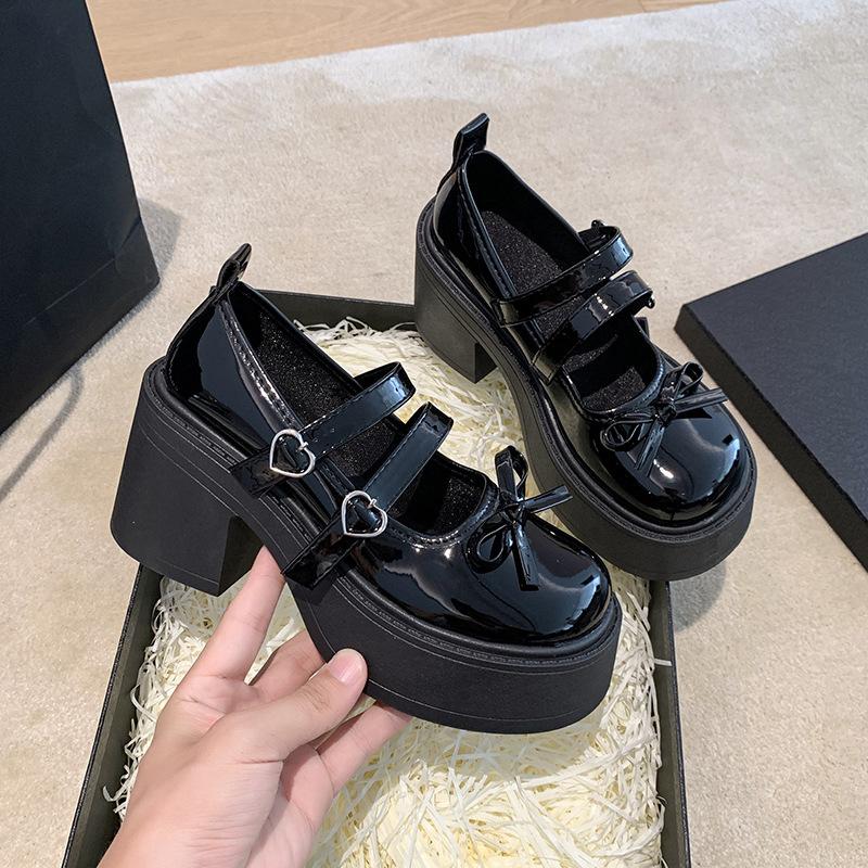 Japanese Jk Heightening French Versatile Small Leather Shoes 2025 Summer New Women's Bow Thick High-heeled Mary Jane Single Shoes