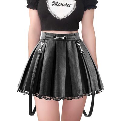 LittleForBig Women's Troublemaker A-Line Pleated Skirt with Lace Hem and Suspenders, Black Imitation Leather Mini Skirt, Size XS