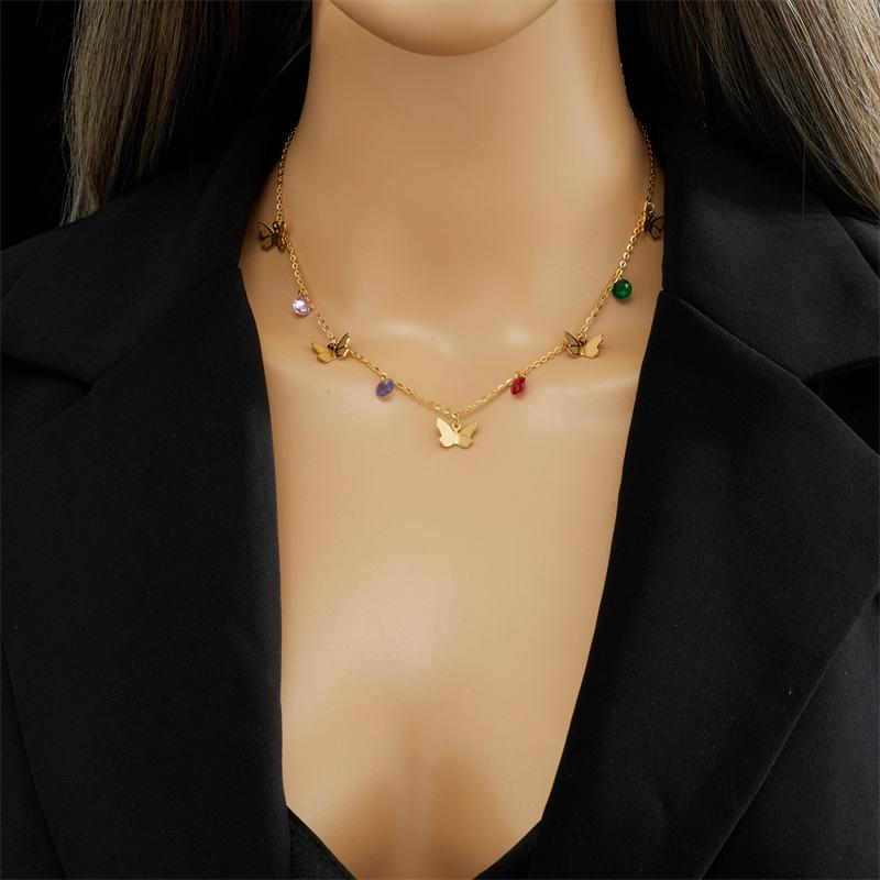 18K Gold Plated Layered Butterfly Colorful Zircon Necklace, Dainty Double Chain Y-Drop Lariat Choker for Women, Cute Jewelry