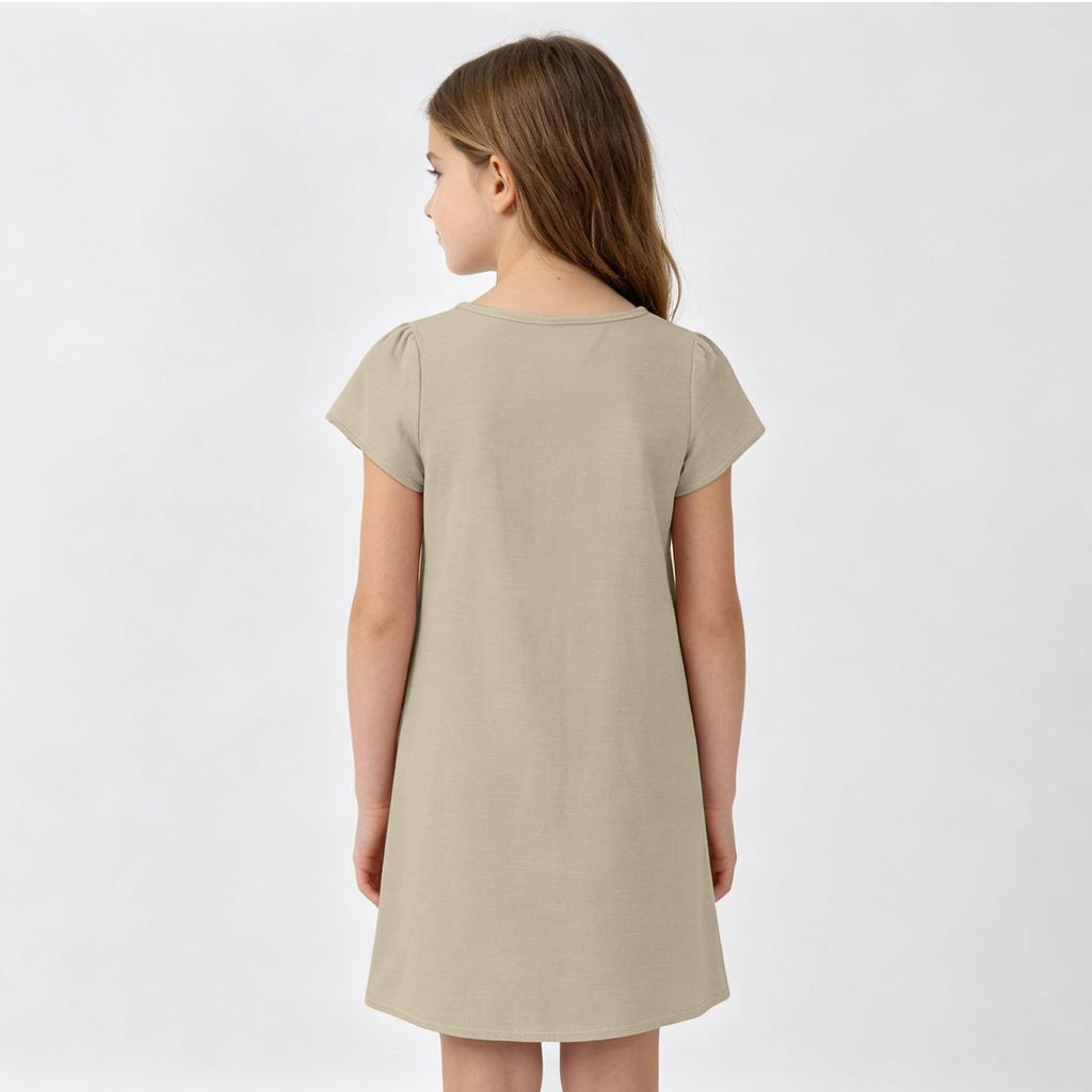 Girls Casual Short Sleeve Dress Lightweight Breathable Summer Dress Made from Cotton Linen Fabric Comfortable Fit Simple Design