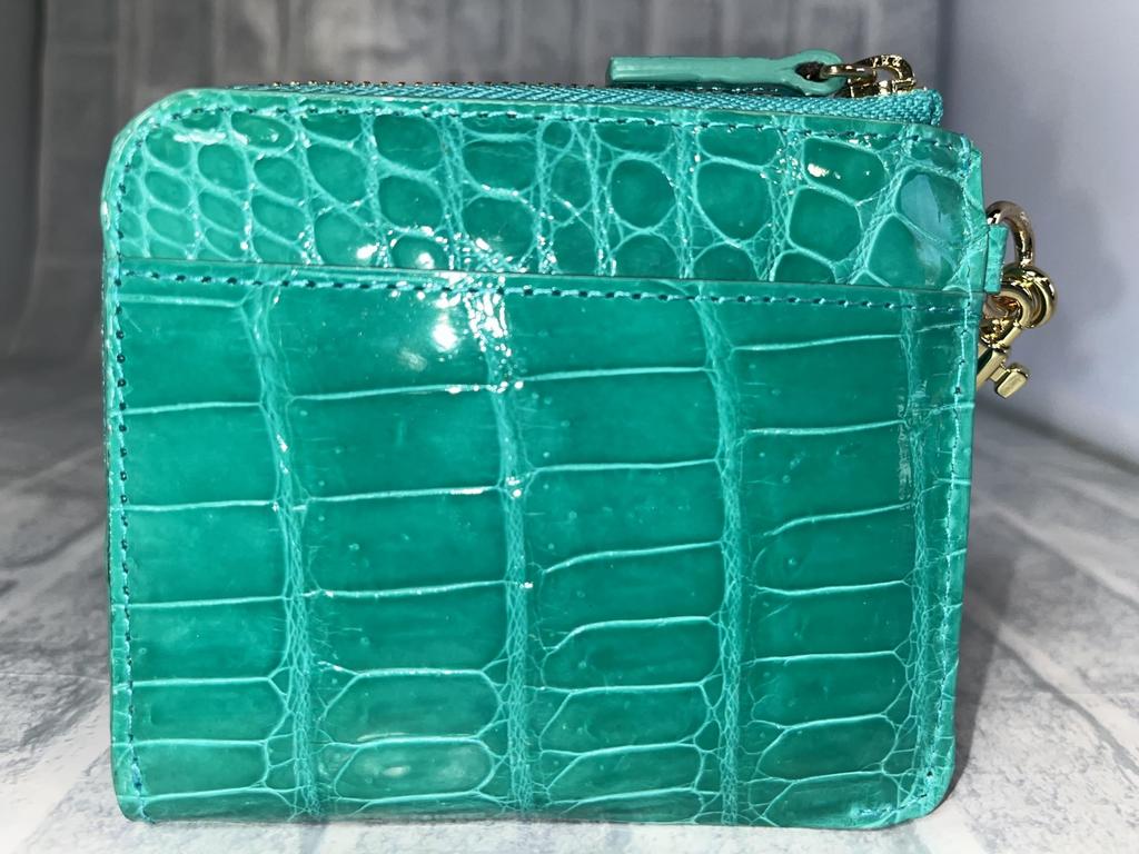 GUODI Mini Wallet with L-Shaped Zipper and Strap, Shining Crocodile Genuine Leather, HL-10101B-CRS (Turquoise Blue), Crocodile Leather Wallet, Mini