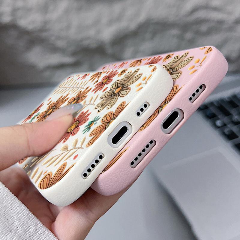 Minimalist Full-Coverage Line Art Daisy Pattern Shockproof Soft TPU Leather Texture Cover Case for iPhone 17 Pro Max Air 16e 16 15 14 13