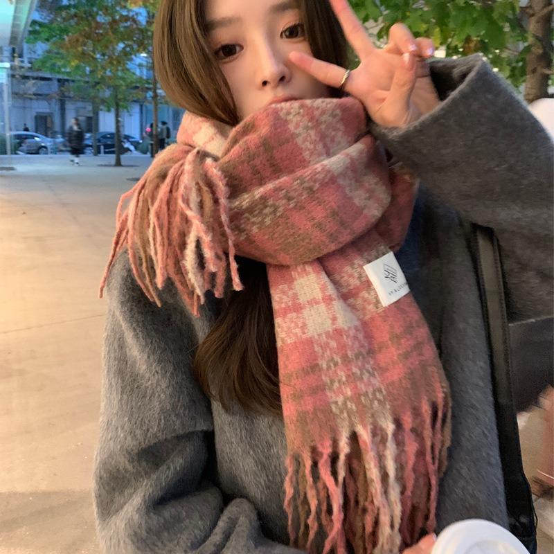 Dried Rose Pink Plaid Scarf Women's Winter Senior Feeling Warm New Sweet Versatile Fringed Shawl Scarf