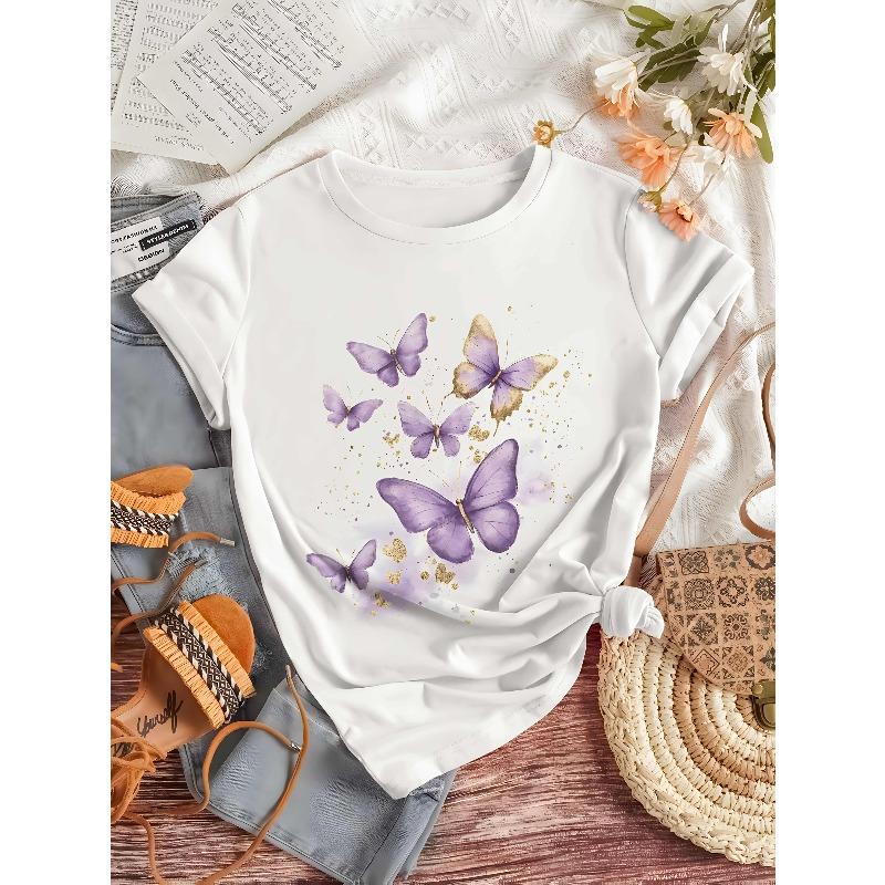 Women's Purple Butterfly Print Tee Round Neck Short Sleeve Lovely Casual Fashion Gifting Top