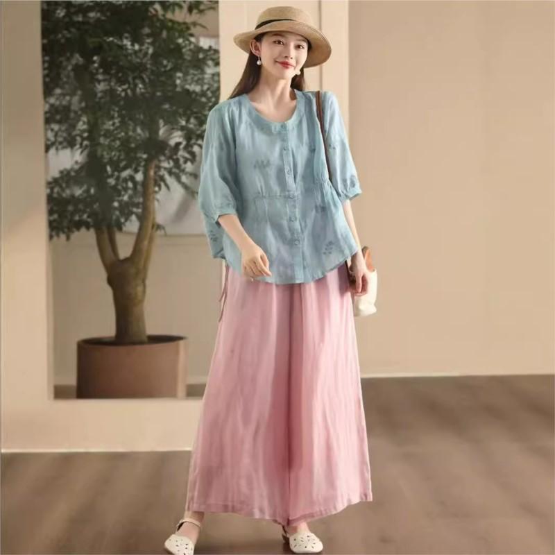 Johnature Women Embroidery Floral Shirts O-Neck Half Sleeve Tops Summer Solid Color Women Button Blouses