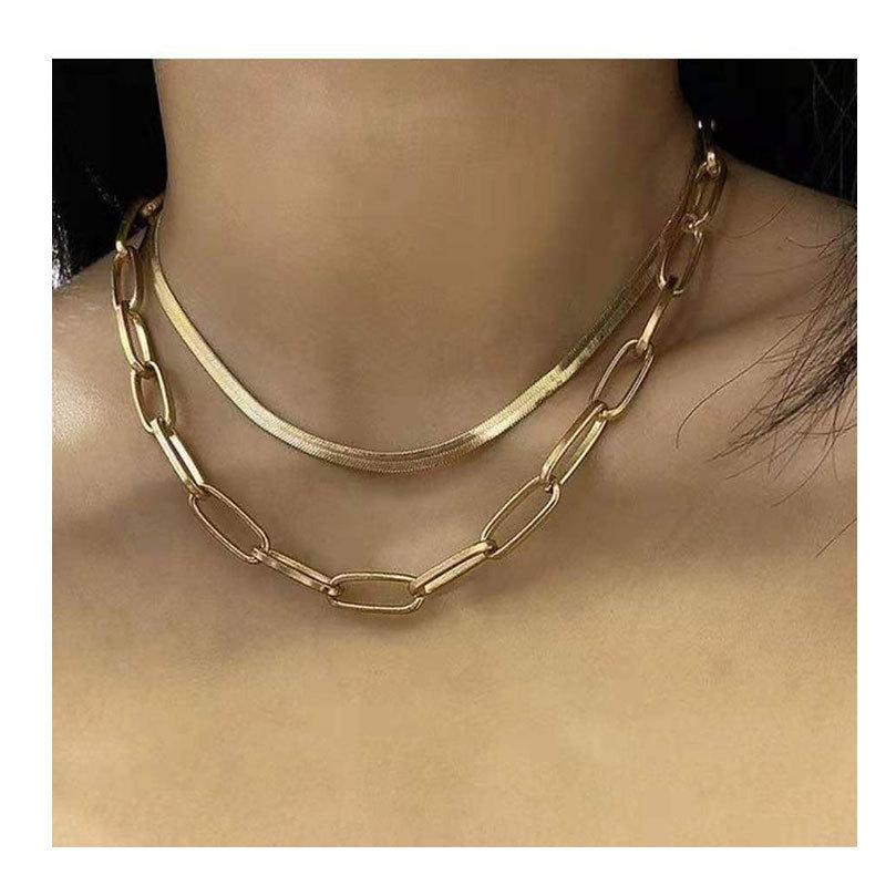 European and American Jewelry, Double-layer Snake Bone Box Chain Necklace, Retro Simple Gold Necklace Female 18140