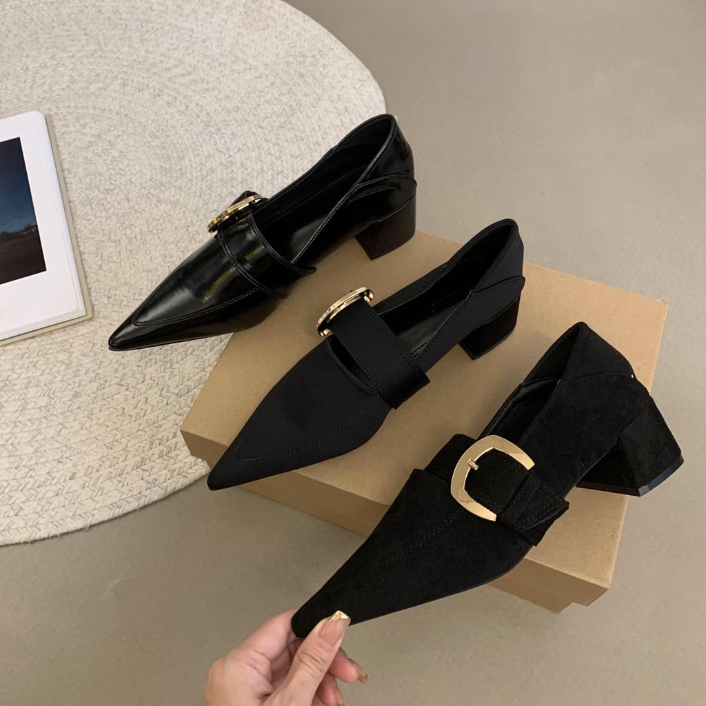 Elegante High Heels Damenschuhe Spitze Mode klobige Schuhe 2026 Frühling Luxus Party Schuhe Kleid Designer Schnalle Mujer Schuhe