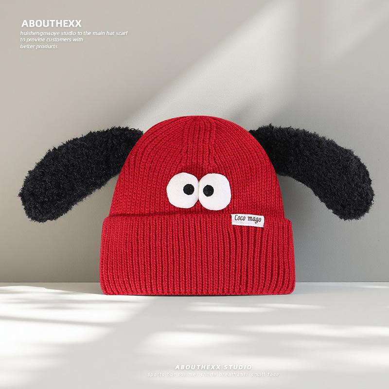 

Funny Big Eyes Cartoon Hat for Women Autumn and Winter New Warm Knitted Cute Ear Pullover Hat Versatile Woolen Hat M（56-58cm）