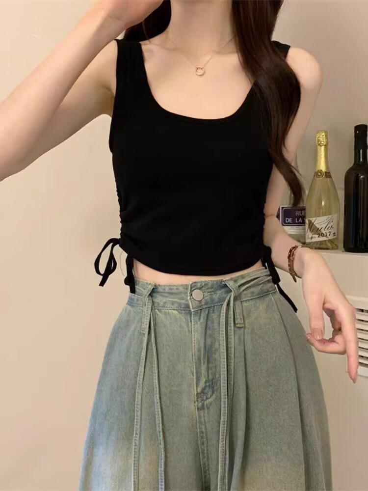 New Arrival Girls Casual Solid Colour Two Side Drawstring Vest Folds Shirring Sexy Tank&Camis