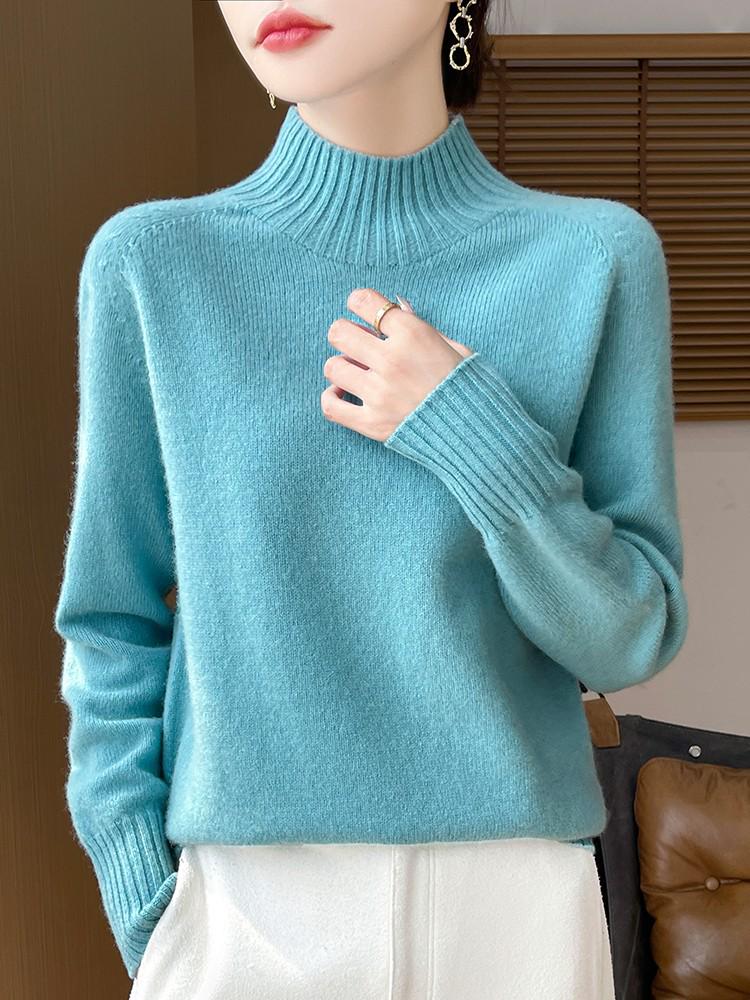 Women's Pure Wool Half-High Collar Loose Knit Sweater - Thickened Autumn/Winter Base Layer Pullover