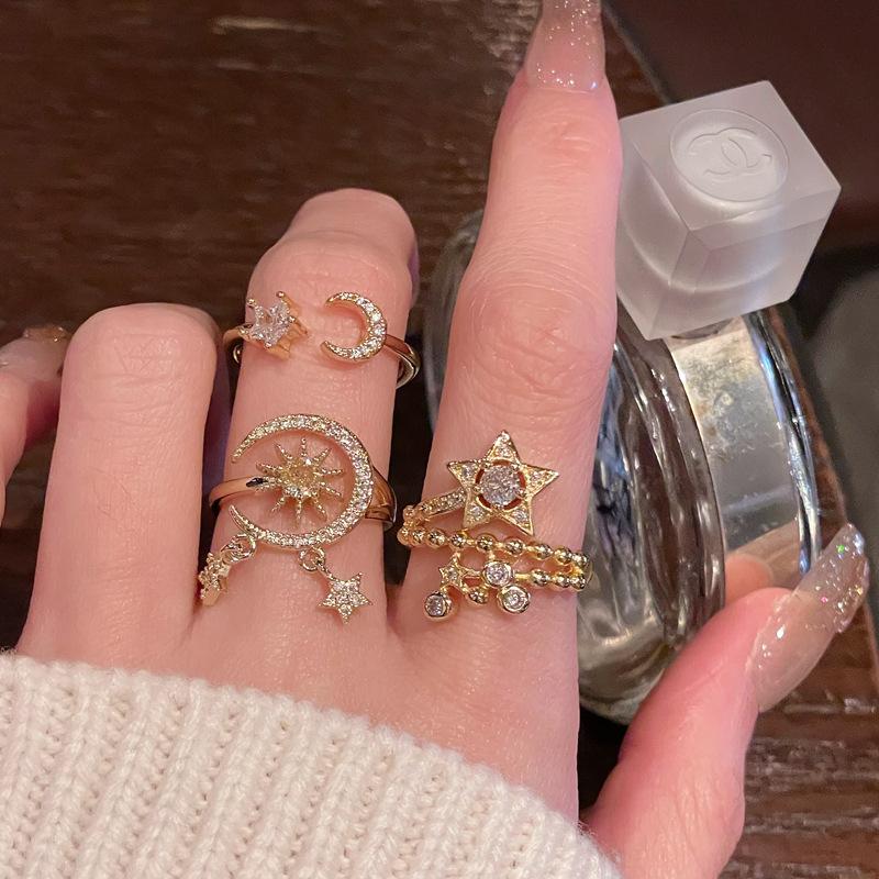 Medieval Small Fragrant Style French Retro Star Full Diamond Tassel Open Ring Niche Design Light Luxury High-End Accessories