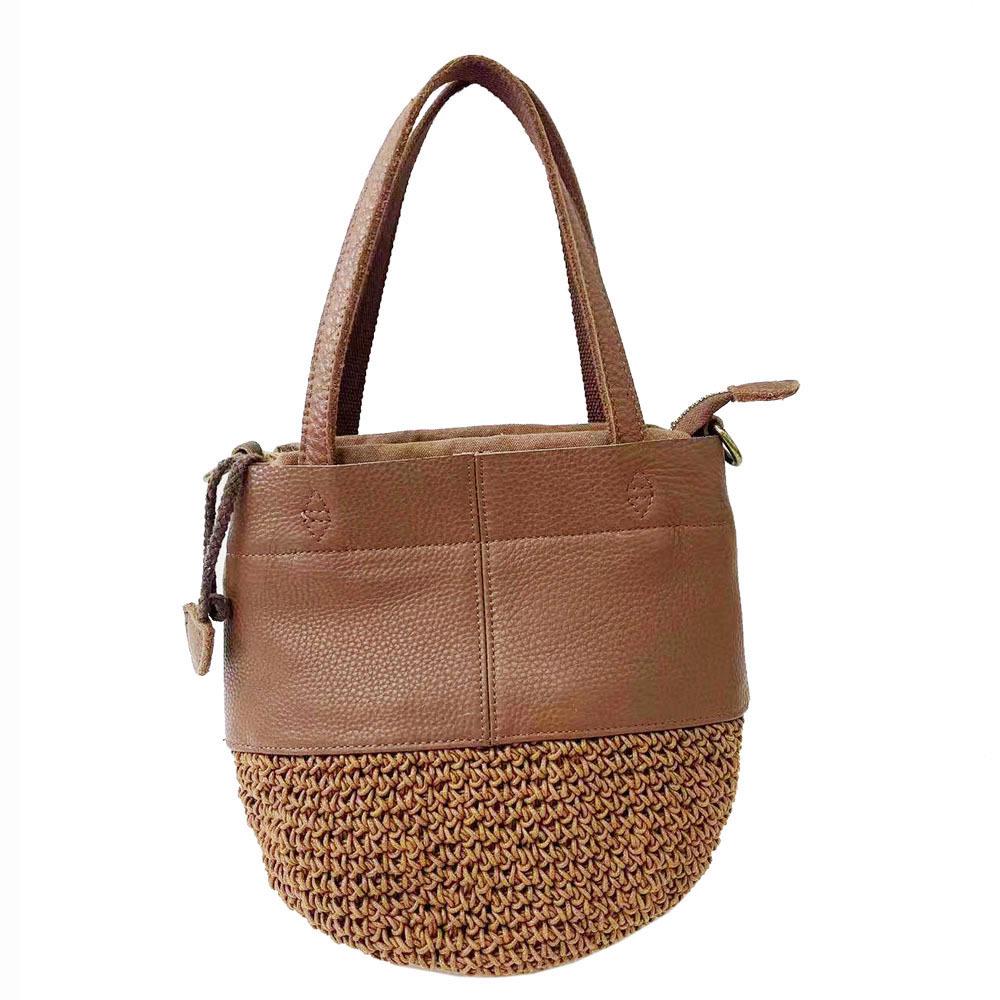 

European & American Fashion Linen Rope Woven Handbag with Genuine Leather Splice - Casual Women s Crossbody Shoulder Bag коричневый