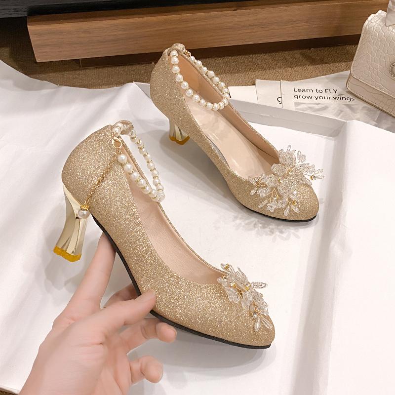 

Женские туфли-лодочки Новая мода Острый носок Металлические бусины Однотонные каблуки Женские Летние Повседневные Банкетные Свадебные Туфли на высоком каблуке Zapatos De Mujer 34 золотой