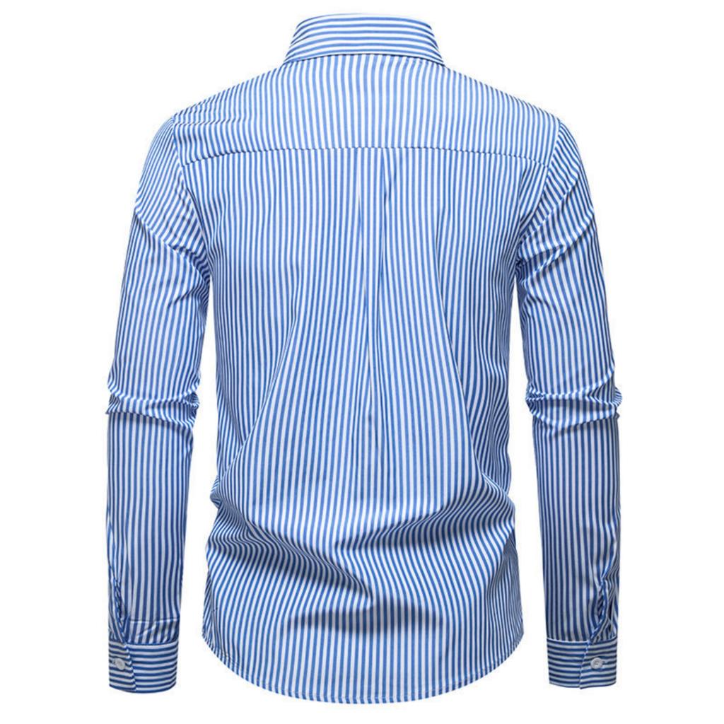 Men's Casual Solid-color Long-sleeved Shirt, Men's Button-style Striped Woven Stand-up Collar Shirt