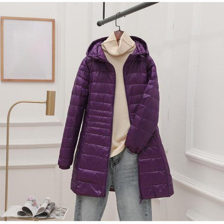 Women Light Down Jacket Hip-Length High Street Overcoat Female Long Warm Down Coat with Portable Storage Bag