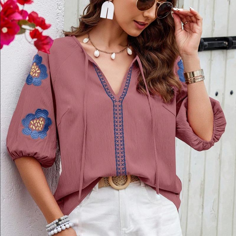 Summer New Vintage Loose Puff Sleeve Elegant Shirts for Women Fashion Embroidery V-neck Solid Casual Women's Blouses Slim Fit Lace-up Lady Tops 26650