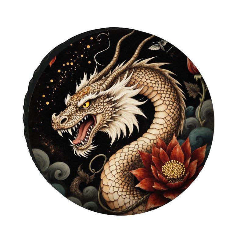 Golden Scale Dragon And Red Lotus Tire Cover Durable All-Weather Spare Wheel Protector For SUV
