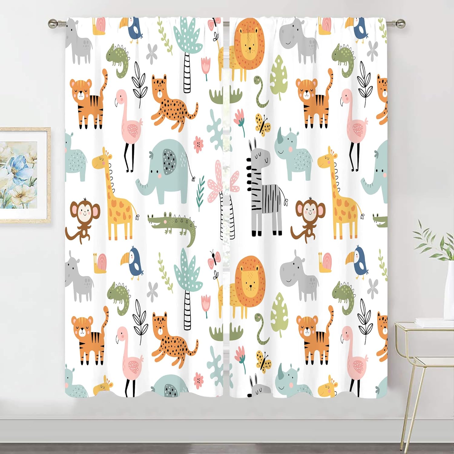 

Animal Forest Curtain Children s Cartoon Zoo Theme Window Curtain Wild Animal Elephant Giraffe Lion Printed Pattern CurtainDecor (W50cmxH130cm)x2&Rod Pocket