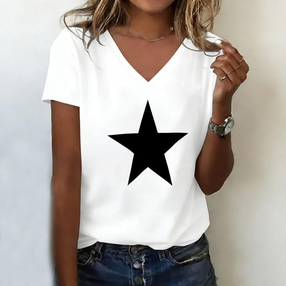 

Hip Hop Star DesignV Neck T-shirt Casual Fashion Y2k Streetwear T Shirts Women Short Sleeve V-Neck Summer Spring Tee Shirt S
