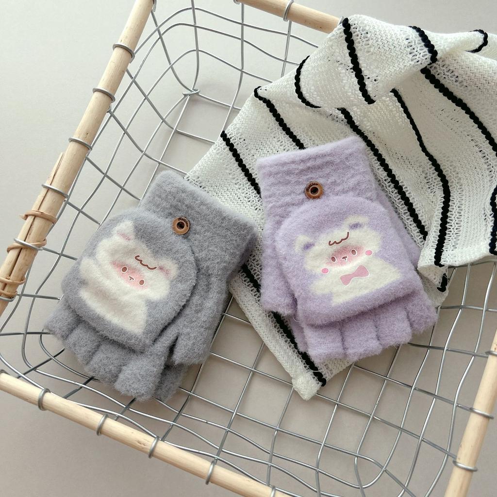 Children's Flip Top Gloves  New Autumn and Winter Cold Proof  Warm and Thickened Five Finger Flip Top Gloves Cartoon Cute
