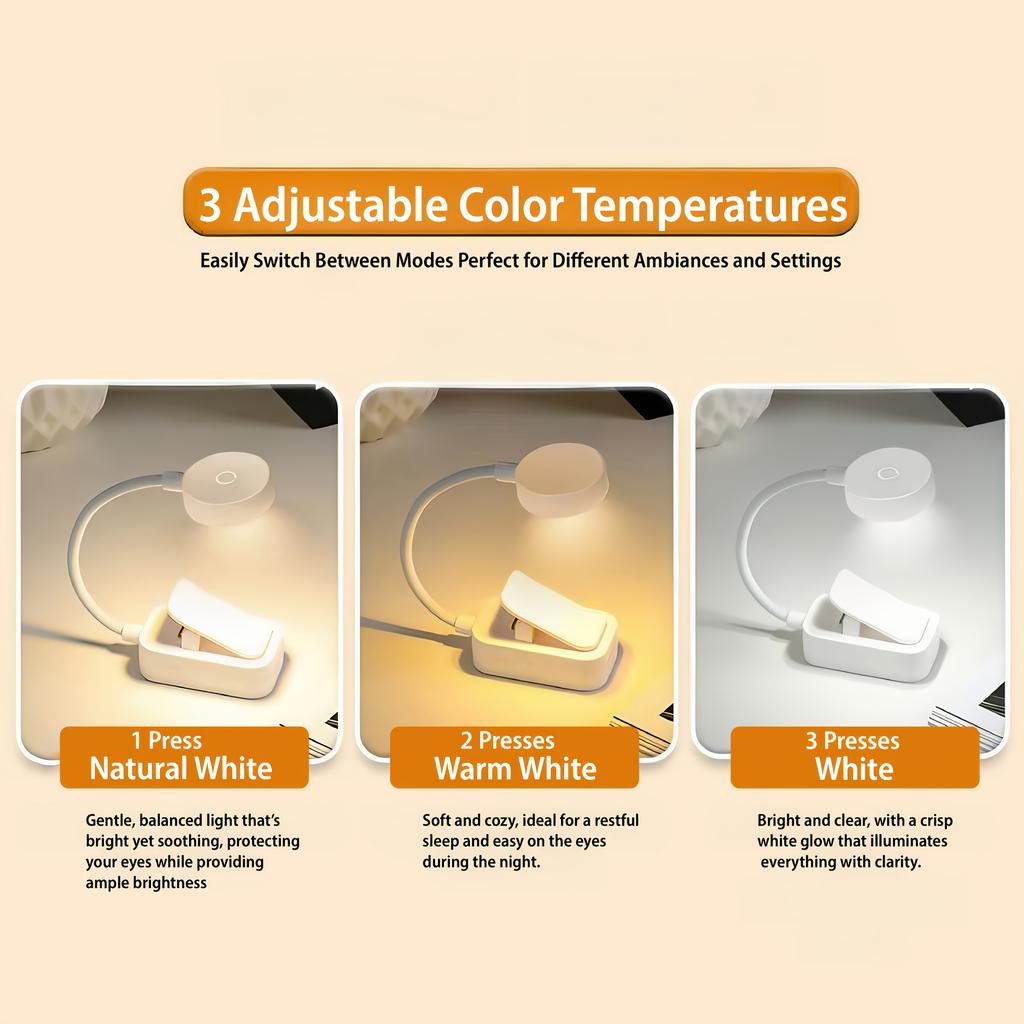 1 bílé LED klipové světlo na knihu, tři teploty barev, nastavitelný jas, mini lehké noční světlo na čtení, ideální pro práci a studium