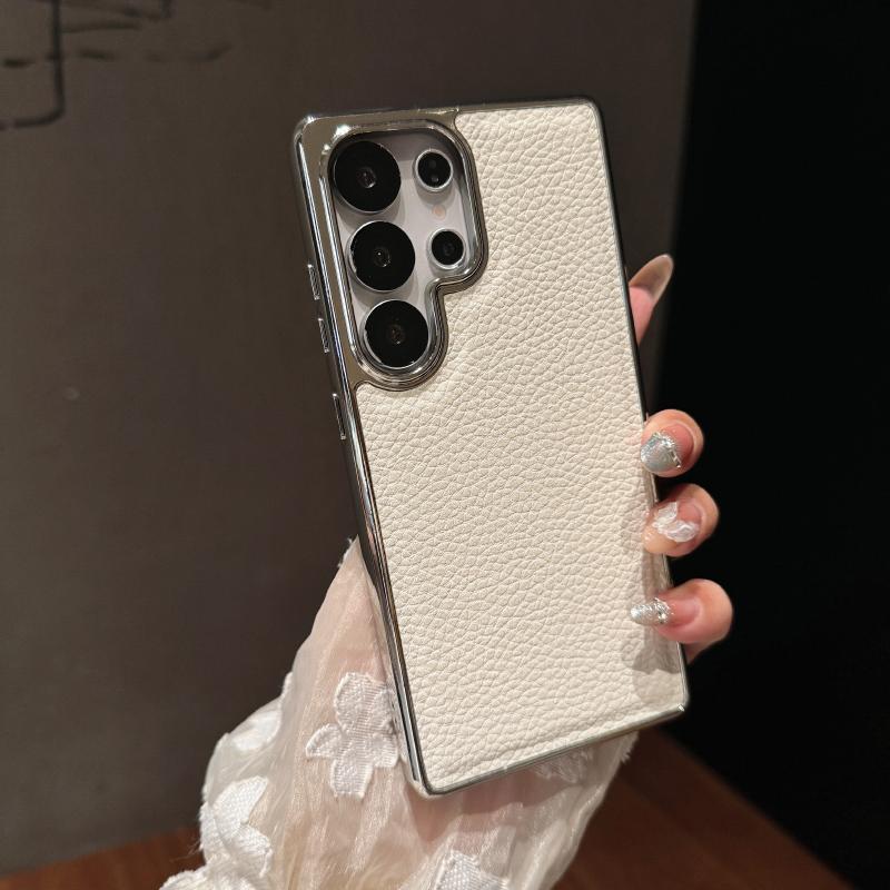 Luxury Solid Color Lychee Leather Plating Border Soft Phone Case For Samsung Galaxy S25 Ultra Egde S24 Ultra Plus FE Back Cover