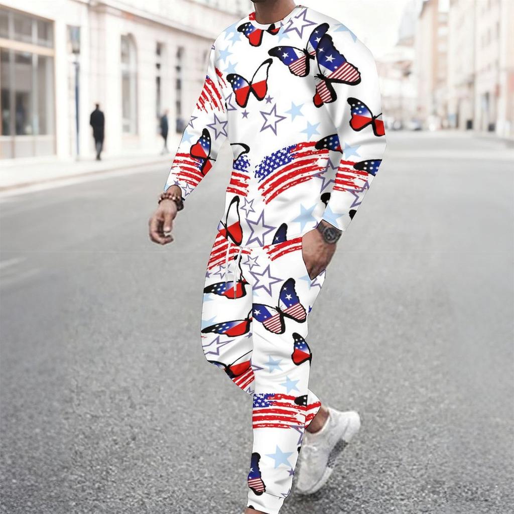Men Distressed American Flag Star Stripe Print Long Sleeve Sweatshirt And Drawstring Jogger Pants Two Piece Outfit