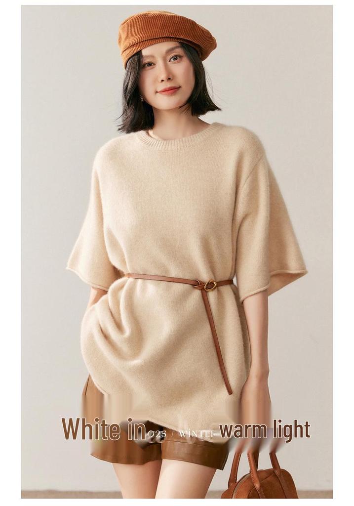 2026 Autumn/Winter Women's Loose Cashmere Sweater - Mid-Length, Five-Point Sleeves, Lazy Style Casual Knitwear
