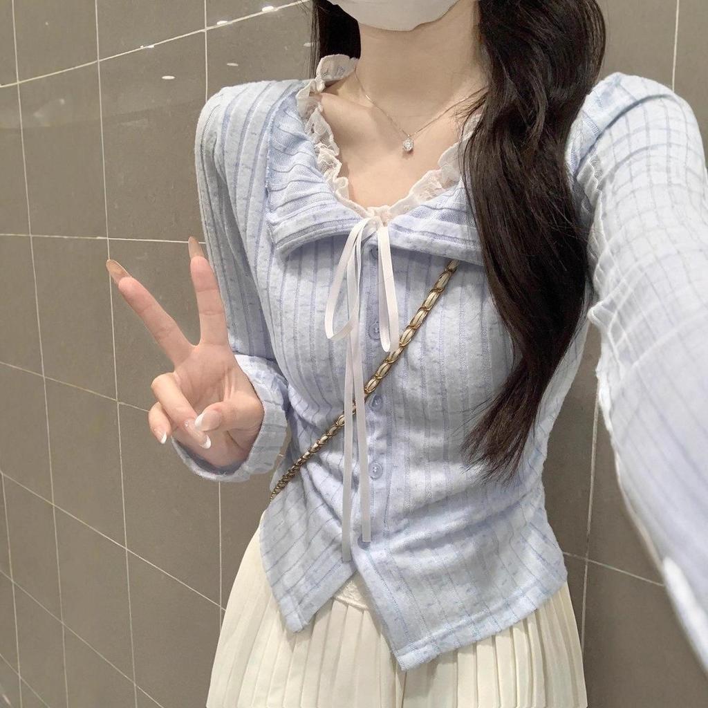 Autumn Winter 2026 Korean Style Lace Bow Two-Piece Long Sleeve Women's Top