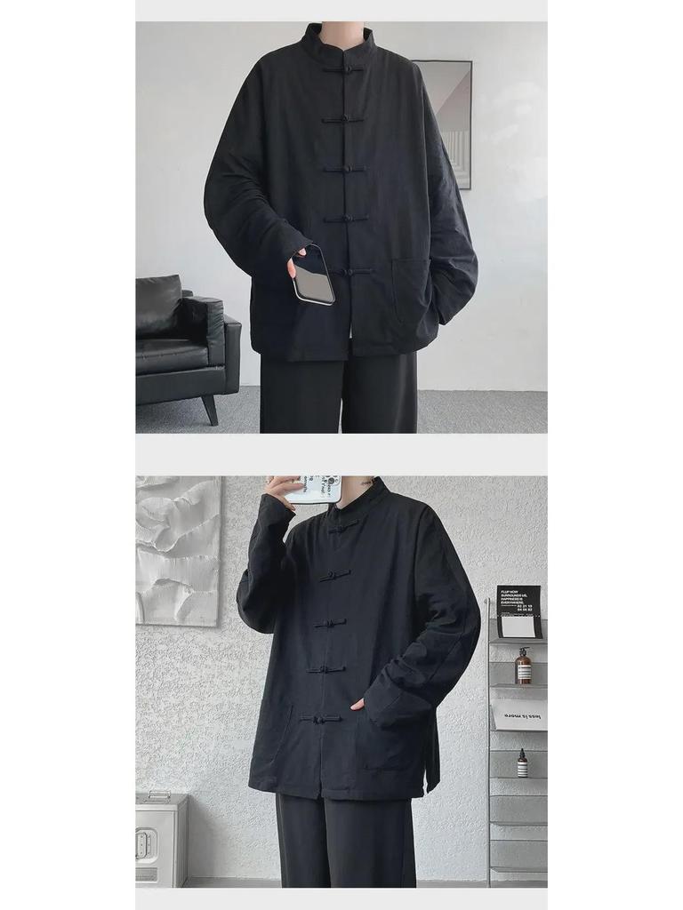 Herren Langarm Leinen Chinesische geknöpfte Hanfu Tang Jacke, Übergröße