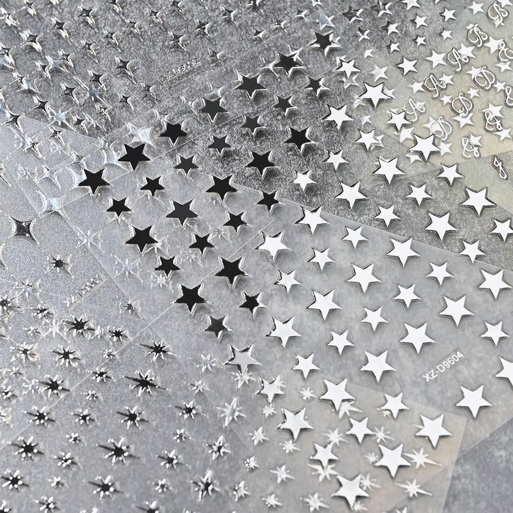 6Pcs Y2K Laser Star Nail Stickers Gold Silver Color Letters Nail Decorations DIY Manicure