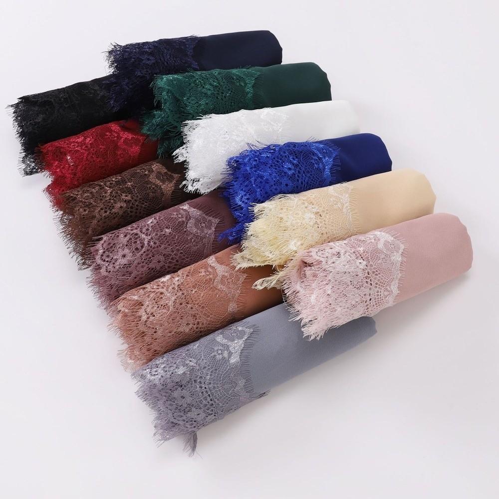 Lace Edge Silk Scarf Solid Color Ramadan Headscarf Versatile Sunscreen Shawl  Women Headwear