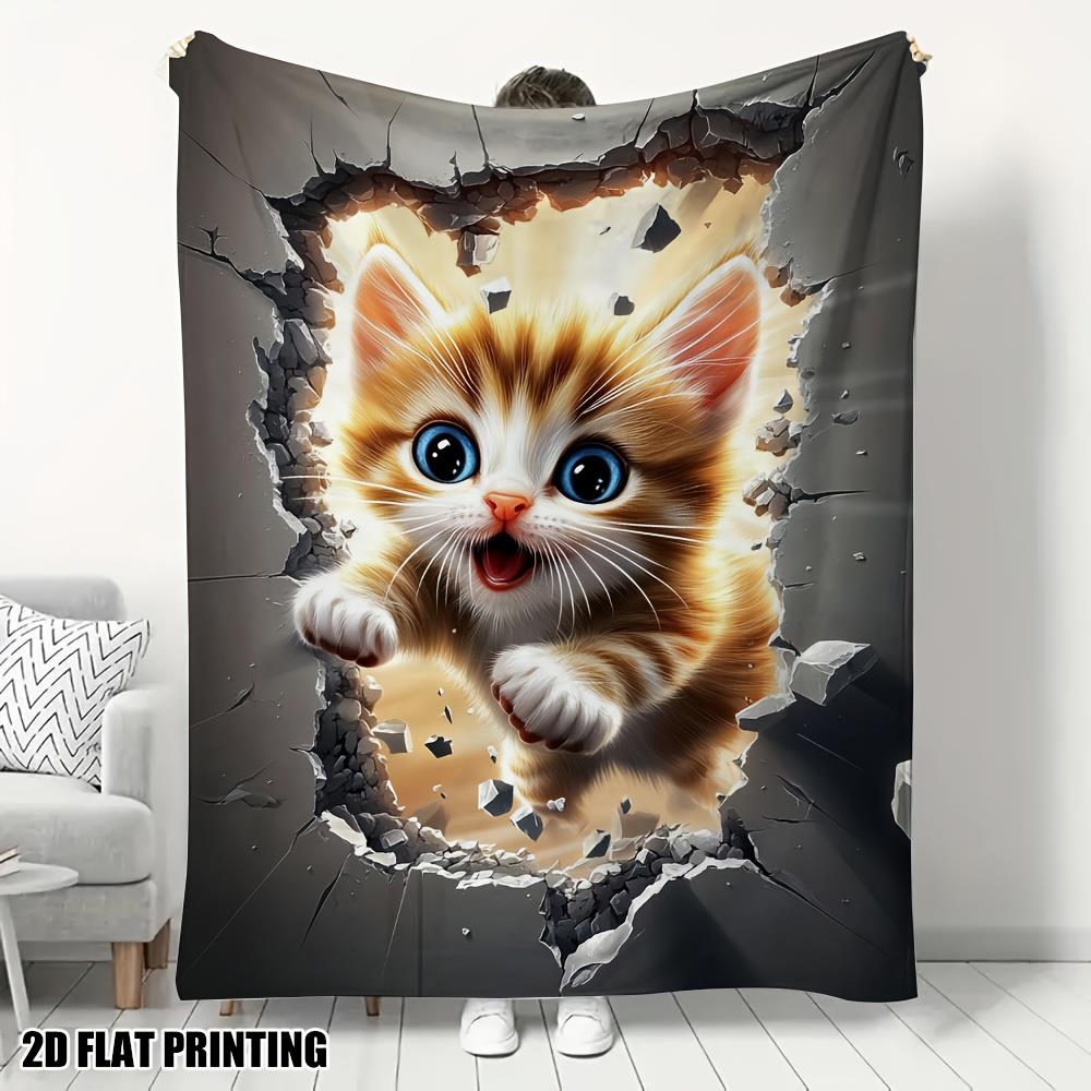 

Realistic 3D Tiger Striped Cat Plush Blanket Blue-eyed Kitten with Torn Paper Design Beige and Black Flannel All-Season Comfort 75x90cm