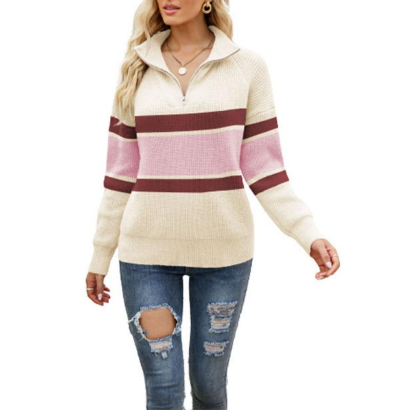 Women's Autumn/Winter Striped Colour Block Knit Long Sleeve Zip Lapel Sweater
