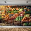 2D Retro Food Market Tapestry, Vintage Wooden Crates with Fresh Produce Background Cloth