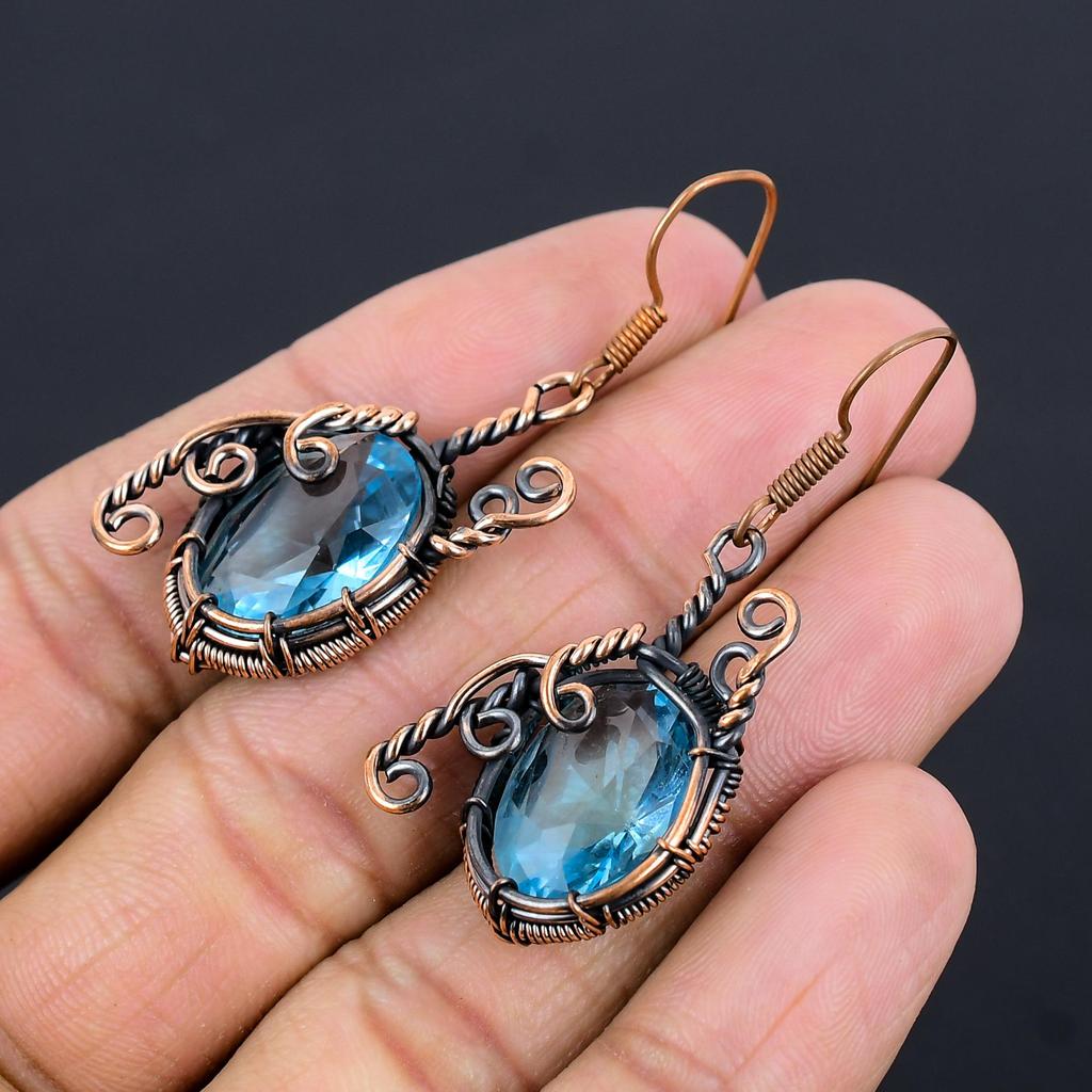 Blue Topaz Earrings, 999 Copper Wire Wrapped  Gemstone Jewelry, Handmade Earrings, For Thanksgiving