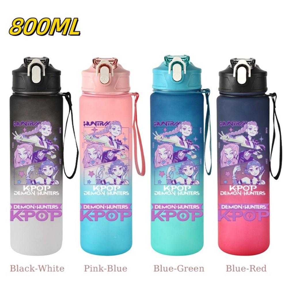 800ML KPop Demon Hunters Gradient Cartoon Print Large Capacity Straw Water Cup Outdoor Portable Sports Drink Bottles Travel Mug