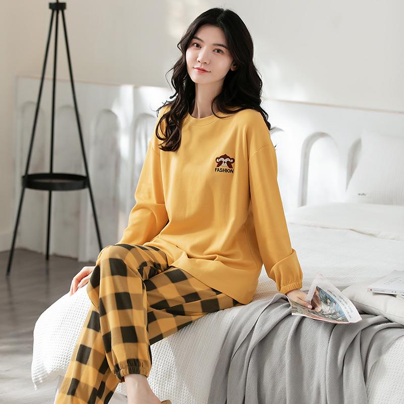 Women's Korean-Style Pure Cotton Printed Long Sleeve Pajama Set for Autumn/Spring