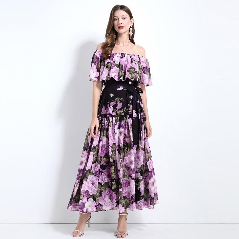 

Летние женские сексуальные открытые плечи принт шифон оверсайз свободные длинные макси платья для отдыха на пляже и побережье XL чёрный