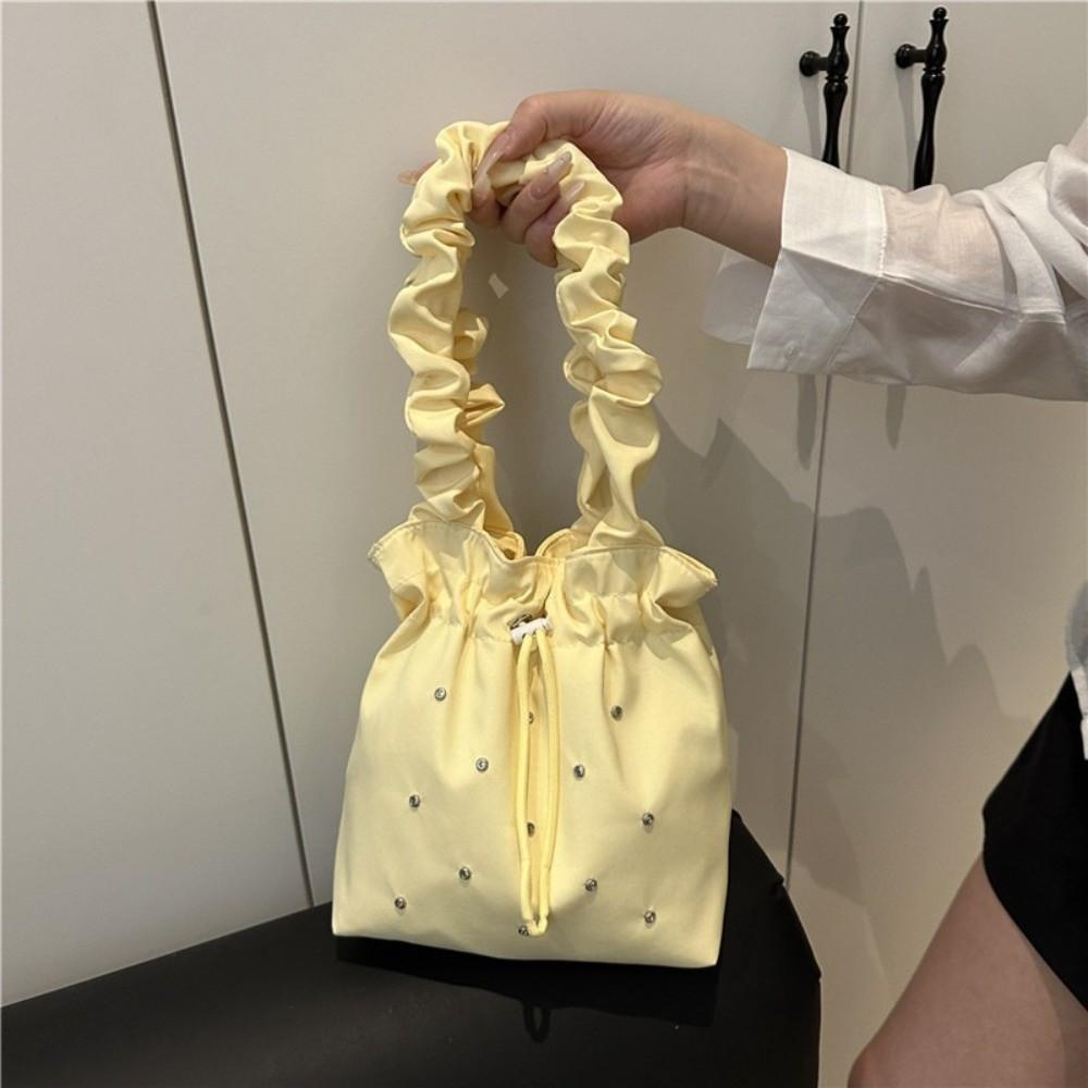 Versatile Nylon Shoulder Bag Sweet Drawstring Handbag Stylish Pleated Tote Bag Female