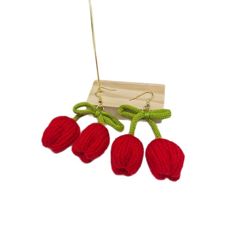 Charming Tulip Flower Knitted Wool Earrings for Women