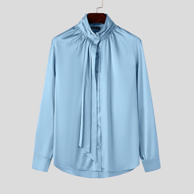 INCERUN Ανδρικά πουκάμισα με ψηλό λαιμό με βολάν, μακρύ μανίκι