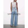 Spring and Summer Women's Clothing Minimalist Washing Effect Overalls Mid Waist Wide Leg Straight-leg Length Denim 3991028